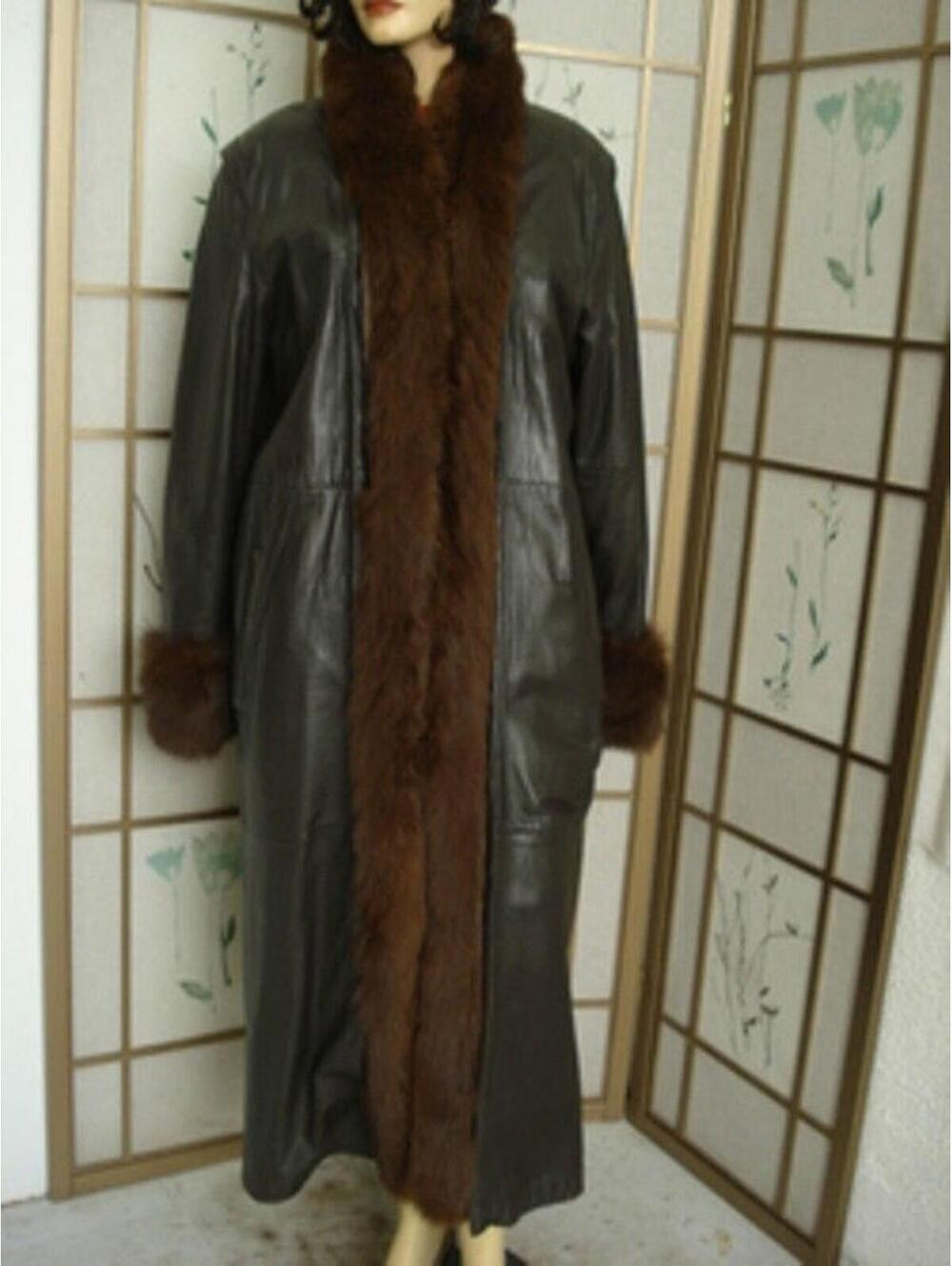 ~MINT BROWN LEATHER COAT JACKET W/ FOX FUR TRIM & RABBIT LINING WOMEN WOMAN 4-6